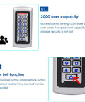 Waterproof Standalone Access Control Keypad With Metal RFID Card Reader showing 2000 user capacity and doorbell function.