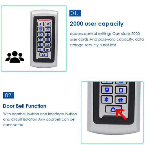 Waterproof Standalone Access Control Keypad With Metal RFID Card Reader showing 2000 user capacity and doorbell function.
