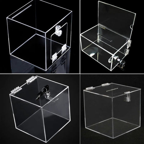 Four Pack Clear Self Adhesive Acrylic Hinges With Continuous Piano Design, No Drill Needed For Crafts Or Aquarium Lids, Super Secure Peel And Stick Fit, Rust Proof 65 By 40 Mm Hardware on transparent container with lock and key.