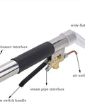 Close-up of a stainless steel carpet and upholstery extractor wand for auto detailing, featuring vacuum interface and wide flat suction