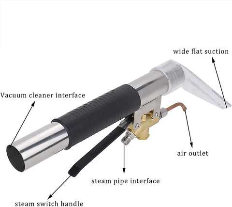Close-up of a stainless steel carpet and upholstery extractor wand for auto detailing, featuring vacuum interface and wide flat suction