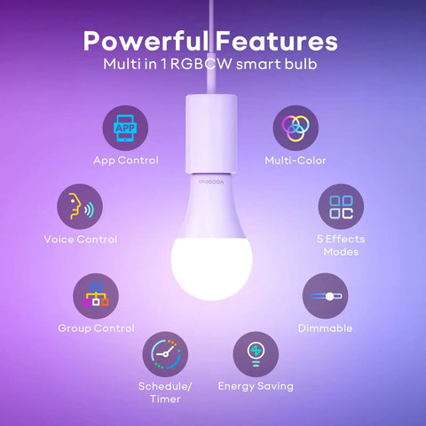 Multicolor WiFi A21 Smart Bulb 850 Lumens Dimmable RGBW 2200K to 7000K Full Color LED 4 Pack with features and icons.