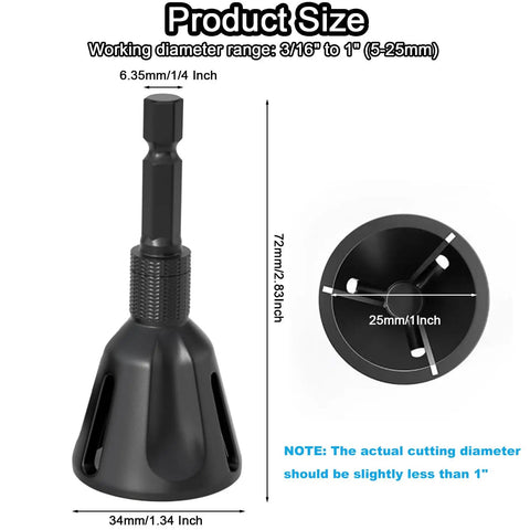 Pro Grade Deburring External Chamfer Tool With Tungsten Carbide Blades, size dimensions and hex shank details displayed