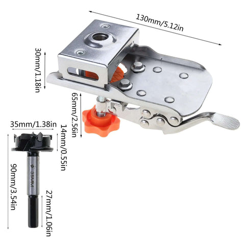 Montesy 35mm hinge boring hole opener; two-piece set with stainless steel body and orange knob