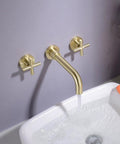 Dope Brushed Gold Wall Mount Bathroom Faucet With Concealed Vessel Sink, Dual Cross Handles, Brass, 8.18 Inch Swivel Spout over sink