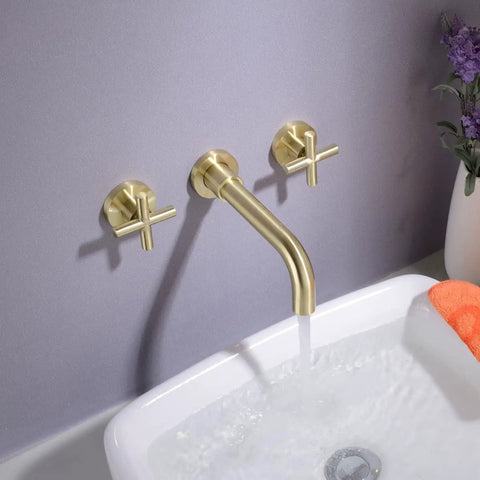 Dope Brushed Gold Wall Mount Bathroom Faucet With Concealed Vessel Sink, Dual Cross Handles, Brass, 8.18 Inch Swivel Spout over sink