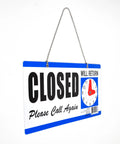 Double-Sided Closed Sign With Clock And Will Return Indicator, adjustable return time, hanging on a chain for shops and offices