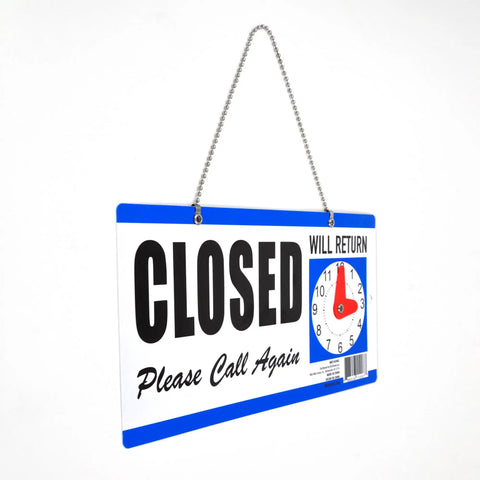 Double-Sided Closed Sign With Clock And Will Return Indicator, adjustable return time, hanging on a chain for shops and offices