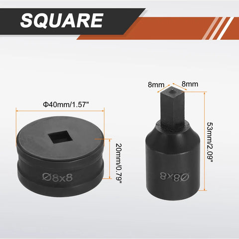 Hydraulic Hole Punch Die Set 8x8mm Square Hole for CH70 Electric Punching Machine in 40Cr Steel Black Finish with size dimensions
