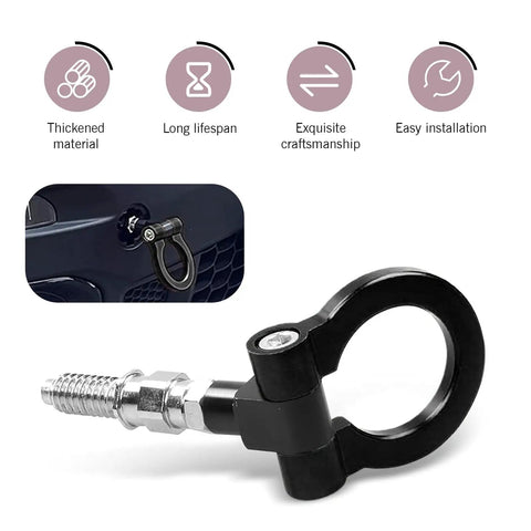 Hardcore Heavy Duty Alloy Racing D Ring Front Bumper Tow Hook Screw On Towing Trailer Puller Black gear close-up view.