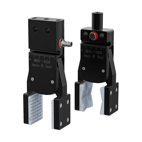 MiniA H And MiniAk Series Wideband Magnetic Pneumatic Water Nozzle Arm Fixture Gripper Clip For Pro Grade Heavy Duty Precision Micro Robot Assembly And Tooling MiniAk50 For Automation featuring two black gripper clips, front view.