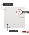 Heavy Duty 24x24 Metal Access Door With Neoprene Gasket Built Like A Tank For Drywall Ceilings And Walls USA Made Details on smooth corners and easy opening notch.