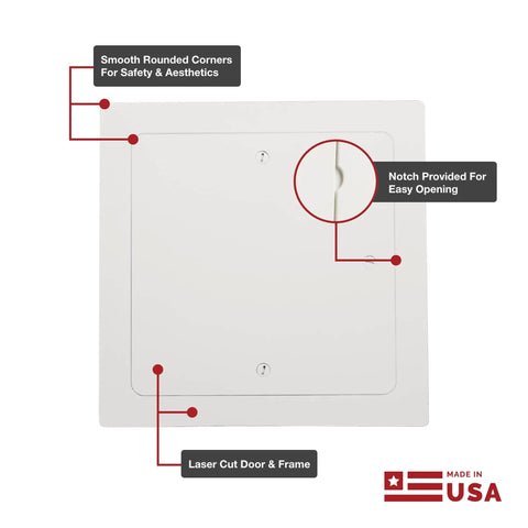 Heavy Duty 24x24 Metal Access Door With Neoprene Gasket Built Like A Tank For Drywall Ceilings And Walls USA Made Details on smooth corners and easy opening notch.