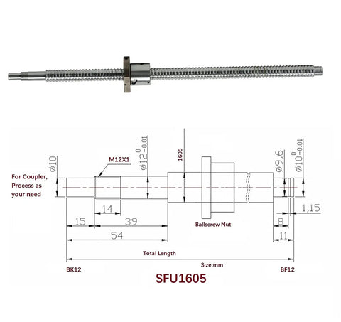 16mm CNC Ball Screw Kit SFU1605 RM1605 Anti Backlash diagram and dimensions for DIY CNC rigs with 39.37 inch length, nut, and supports.