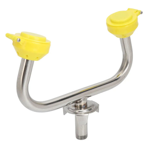 Emergency Eyewash Station With Faucet Mount For Lab And Factory Safety Gear featuring 304 stainless steel nozzle and yellow caps.