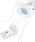 Close-up of silver zinc alloy corner shelf bracket with suction cup, part of 10 Pcs Silver Zinc Alloy Corner Shelf Brackets With Suction Cups Right Angle Glass Shelf Supports For Sturdy DIY Shelving, Corrosion Resistant Modern Hardware For Cabinets, Bookshelves, And More
