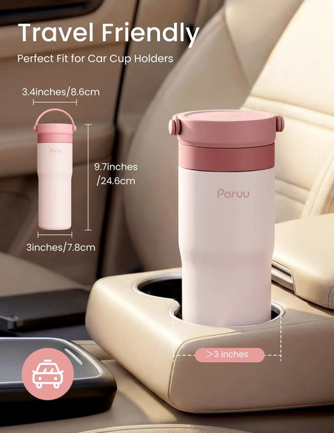Portable Stainless Steel Breast Milk Chiller Keeps Bottles Chill For Up To Twenty Three Hours Creating A Rock Solid Choice For Pink Nursing Storage, shown in car cup holder.