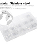 E Shaped Retaining Ring Kit 1.5 To 15mm In Box Stainless Steel Assortment For Shafts Machinery And DIY Projects A Handy Metal Clip Ring Set For Quick Secure Fits. Stainless steel E-ring assortment box, 1.5-15mm, for shafts and machinery