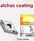 Carbide Inserts For External Turning Tool Set Built Tough For Aluminum And Copper, CNC Lathe Ready, DNMG150404 DNMG150408, H01 HA, Precision Metalworking Tools. Coated carbide insert close-up.