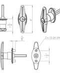 Technical drawing of Locking T Handle Kit With Keyed Alike J327 Two Keys Complete Set showing dimensions and components