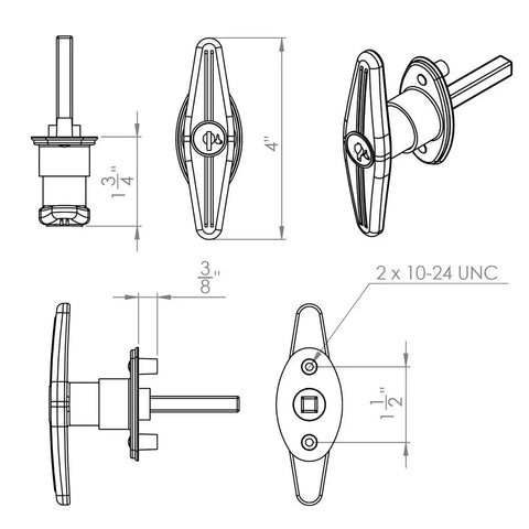 Technical drawing of Locking T Handle Kit With Keyed Alike J327 Two Keys Complete Set showing dimensions and components