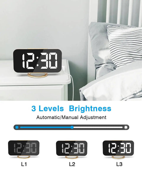 7 Inch LED Mirror Display Alarm Clock With Dual USB Ports, Auto Dim And Night Mode, shown on bedside with brightness control