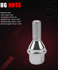 Wheel Lug Bolts M12x1.25 20 Pcs Set For Jeep Dodge Chrysler Ram Vehicles Including 200 2015 2017 Dart Compass Renegade Cherokee 2014 2022 Replacement 611005 6509933AA shown in silver steel with dimensions