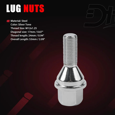 Wheel Lug Bolts M12x1.25 20 Pcs Set For Jeep Dodge Chrysler Ram Vehicles Including 200 2015 2017 Dart Compass Renegade Cherokee 2014 2022 Replacement 611005 6509933AA shown in silver steel with dimensions