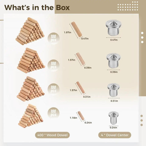 Image of 404 Piece Wood Dowel Set with centers for joinery and furniture repair, showing sizes 1/4, 5/16, 2/5, 1/2 inch.