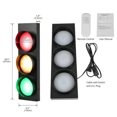 Traffic Light Wall Lamp With Remote Control, Retro LED Stop Light Decor, 470x140mm, shown with remote, power cable, and manual