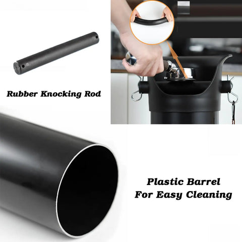 Rubber knocking rod and plastic barrel for Ridiculously Slick Vertical Espresso Knock Box For Coffee Pucks And Grounds.