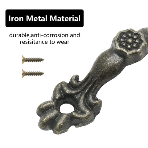 Close-up of vintage-style drawer pull in bronze finish, showing floral design and mounting screws, part of 24 Pcs set, zinc alloy.