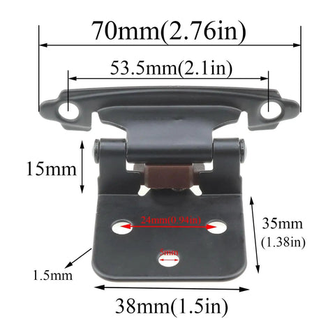 Front view of Spring Hinges for Cabinets Black 4 Pack Overlay Hinges with Self Closing Action, durable cold rolled steel, dimensions labeled.