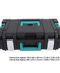 Heavy Duty Stackable Toolbox With Metal Clip And Easy Grip Top Handle For Modular Workshop Rig And Clutter Free Job Site Storage And Professional Grade Tool Case Built For Daily Grind Hustle in black with teal accents.