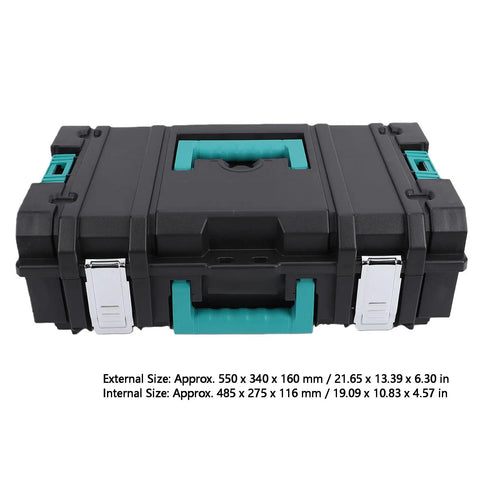 Heavy Duty Stackable Toolbox With Metal Clip And Easy Grip Top Handle For Modular Workshop Rig And Clutter Free Job Site Storage And Professional Grade Tool Case Built For Daily Grind Hustle in black with teal accents.