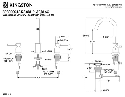 Technical diagram of Concord Widespread Bathroom Faucet With Pop Up Drain In Matte Black Eight To Sixteen Inch Deck Mount 3-hole installation