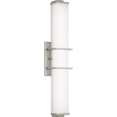 Phase Two Point Two LED 24 Inch White Shade Sleek Modern Bath Vanity Light In Brushed Nickel With Slim Acrylic Frame Integrated Dimmable LED Fixture For Contemporary Powder Room, mounted vertically
