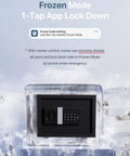 Smart Fingerprint Safe Box With WiFi App Unlock Real Time Alarm in Frozen Mode display, surrounded by ice crystals.