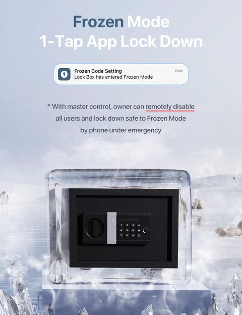 Smart Fingerprint Safe Box With WiFi App Unlock Real Time Alarm in Frozen Mode display, surrounded by ice crystals.