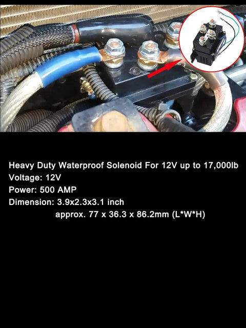 Universal 12V 500A Winch Solenoid Relay Contactor for heavy duty upgrades in off-road trucks, shown with connections and dimensions