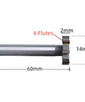 NACX HSS-AL T-slot end mill, side view; unfinished aluminum, 14 mm dia, 60 mm length, 6 flutes, 2 mm corner radius