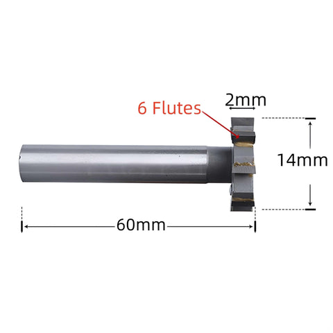 NACX HSS-AL T-slot end mill, side view; unfinished aluminum, 14 mm dia, 60 mm length, 6 flutes, 2 mm corner radius