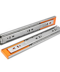 Stainless Steel Drawer Slides With Soft Close Ball Bearing Glide, 10 To 22 Inch Extension, side view of rails with orange accents