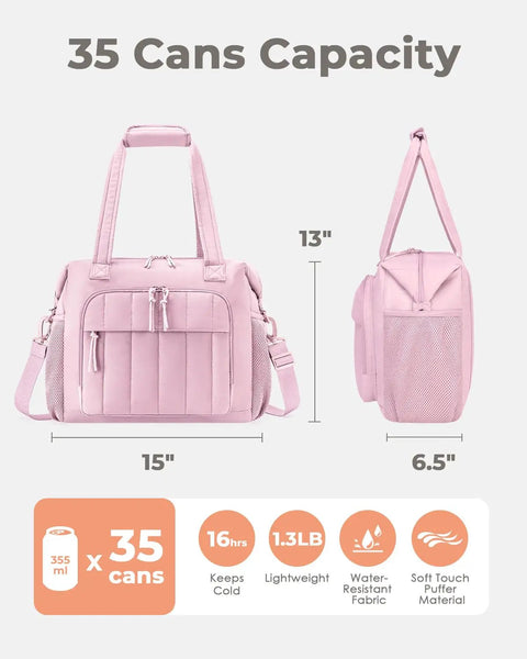 Crush The Summer Heat With This Snazzy Puffer Cooler Bag Stowing 35 Frosty Drinks Inside An Insulated Soft Travel Duffel crafted for pink tailgates.
