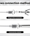 Two connection methods of the 7 Piece Grease Gun Accessory Kit With 3 Grease Needle Nozzles, showing direct and rotation connections.