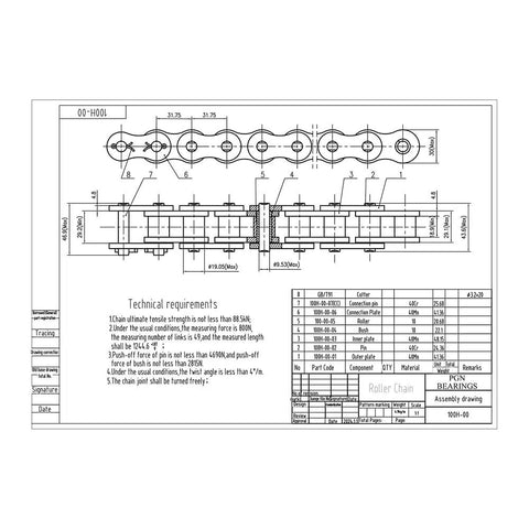 Technical drawing of ANSI 100H heavy duty roller chain for high load industrial use, detailing component specifications and measurements.