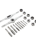 Gototop Heavy Duty Tap And Die Set For M3 To M12 Metric Threads, Alloy Tool Steel Threading Kit Includes Wrenches With Clear Size Markings In Plastic Case For Car Auto Repair And Workshop Hacks, taps dies and wrenches laid out