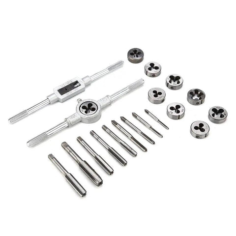 Gototop Heavy Duty Tap And Die Set For M3 To M12 Metric Threads, Alloy Tool Steel Threading Kit Includes Wrenches With Clear Size Markings In Plastic Case For Car Auto Repair And Workshop Hacks, taps dies and wrenches laid out