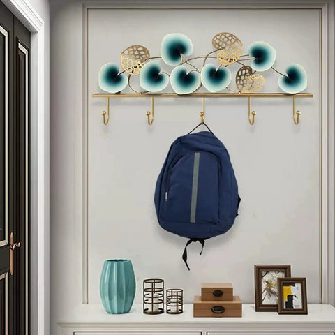 Heavy Duty Wall Mounted Coat Rack For Front Door Entryway Hand Welded Steel Hooks For Hallway Living Room Space Saver Style Clothes Organizer with blue backpack