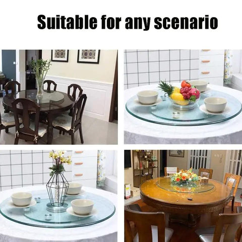 Top Shelf Thick Tempered Glass Lazy Susan Rotating Serving Tray Easy Peasy Clean Spinner centerpiece on various dining tables.